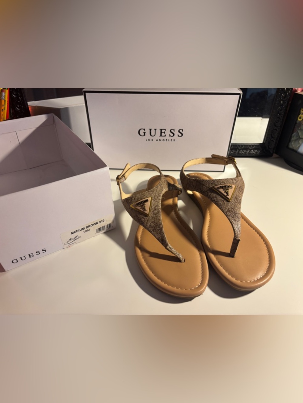 GUESS Brown T-Strap Logo Sandals